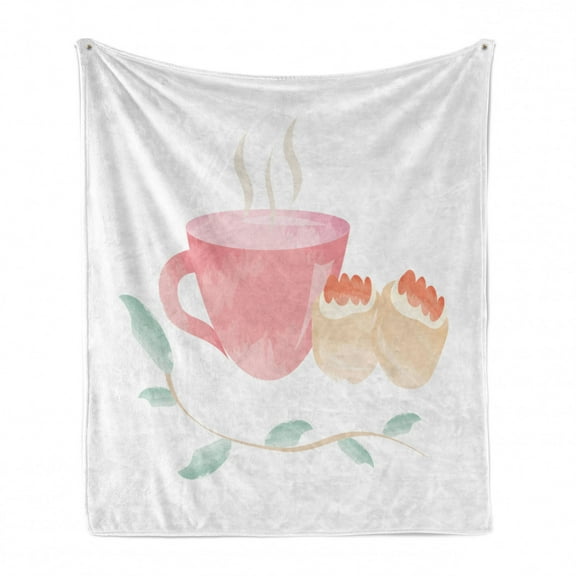 Tea Party Soft Flannel Fleece Throw Blanket, Watercolor Drawn Scones Hot Tea Cup Twig Composition, Cozy Plush for Indoor and Outdoor Use, 70" x 90", Pink Salmon, by Ambesonne