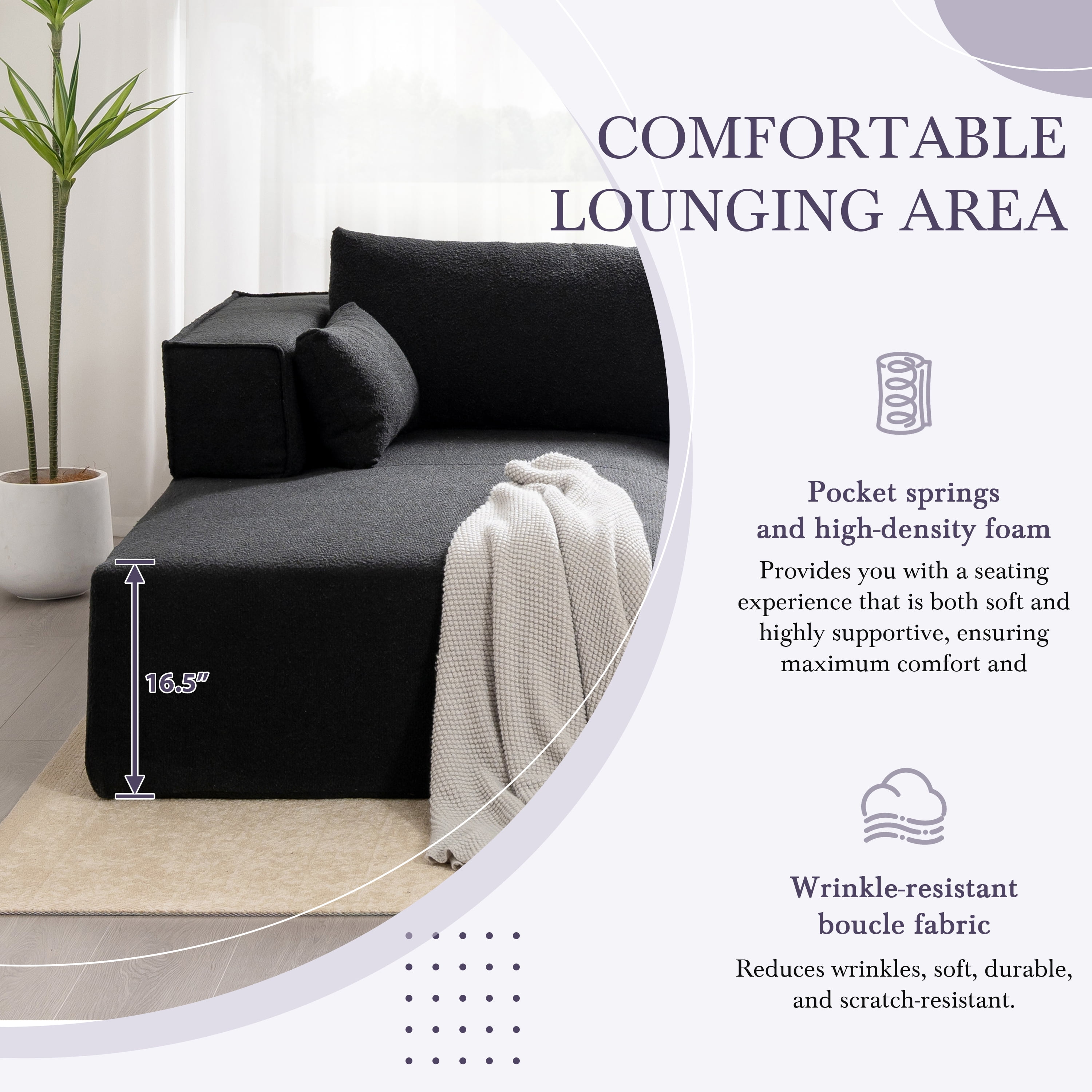 Sectional Sofa, Modular Couch, L-Shaped Fully Compressed with Free Side Table and 2 Pillows, No Assembly Required, Wrinkle-Resistant Boucle Fabric for Living Room, 112 Inch, Black