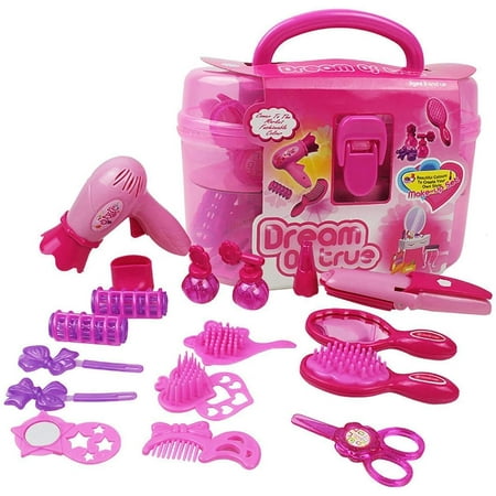 Kids Beauty Salon Set Toys Little Girl Makeup Kit Pretend Play Hair Station with Case, Hairdryer, Brush,Mirror & Styling(17pcs) Toy for little girl 1 2 3 4 5 6 7 8 Years Old