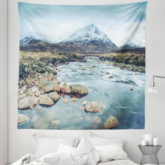 Scotland Tapestry, Rapids on Mystic River Coe Mountain Landscape Outdoorsy Scenery, Fabric Wall Hanging Decor for Bedroom Living Room Dorm, 5 Sizes, Blue Grey and Dark Taupe, by Ambesonne