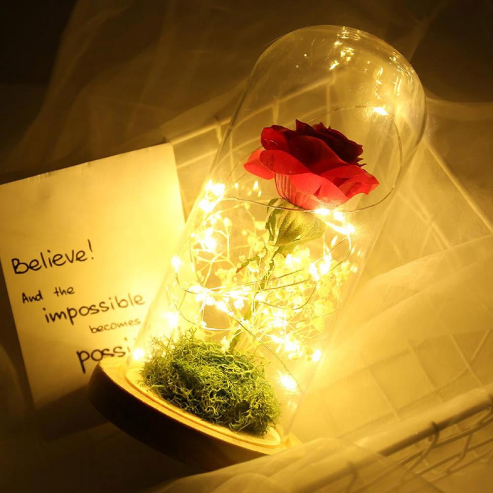 Rose Light Flower Glass Dome Rose Artificial Flower,Led Lamp Light Love