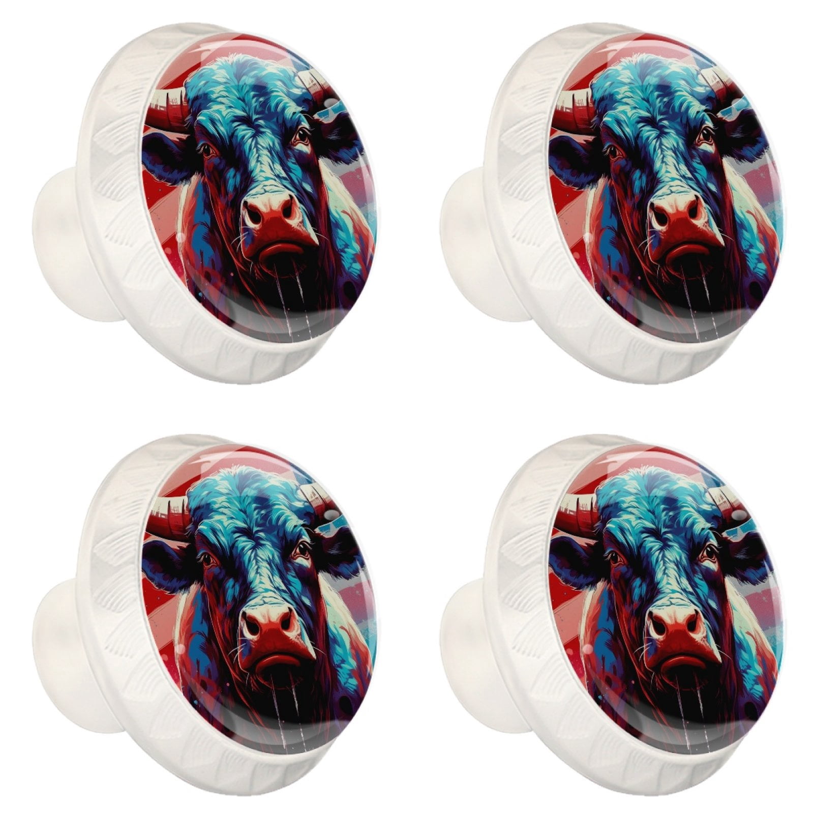 4 Pcs Cow American Flag Knobs for Kitchen Cabinet Cupboard Dresser Bookcase Drawer Pulls Handles Round Home Decor