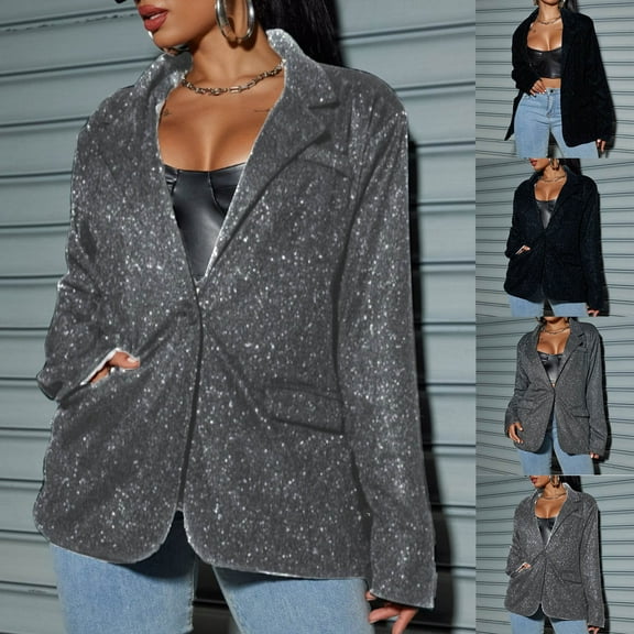 jtjvou Women's Sequin Suit Jackets Plus Size Fashion Long Sleeves Solid Blazer Jacket Business Party Cardigan Coat Tops Black XXL