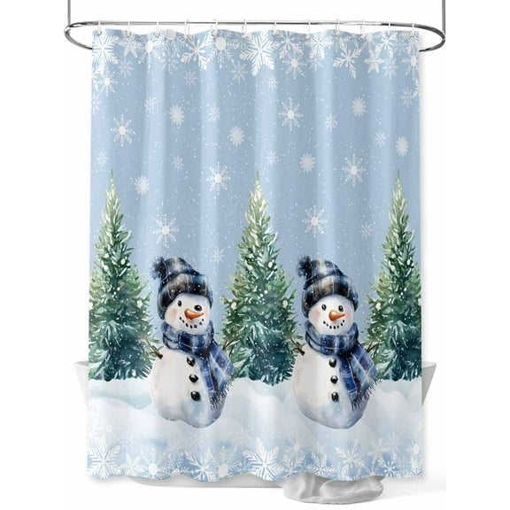 Fsddascl Blue Snowman Christmas Shower Curtain Set - 48" x 72" Washable Bathtub Curtain with 12 Hooks, Snowflake Green Xmas Tree Waterproof Fabric Stall Shower Curtains for Bathroom/Bathtub Décor
