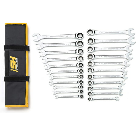 

STEELHEAD 22-Piece SAE & Metric 12-Point Ratcheting Combination Wrench Set (SAE: 1/4-3/4” Metric: 8-18mm) Chrome Vanadium 72-Tooth Gearing USA-Based Support