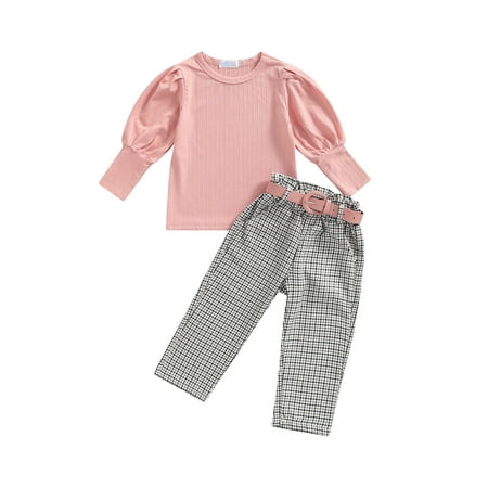 

Frobukio Kids Girls 3 Pieces Outfits Ribbed Long Sleeve Tops + Plaid Long Pants + Belt Clothes Sets Pink 5-6 Years