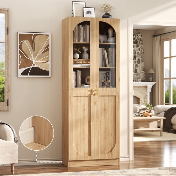iSunirm 80'' Tall Bookcase with Doors, 6-Tier Floor Standing Bookcase with Adjustable Shelves, Display Cabinet with Glass Doors for Living Room, Brown Oak