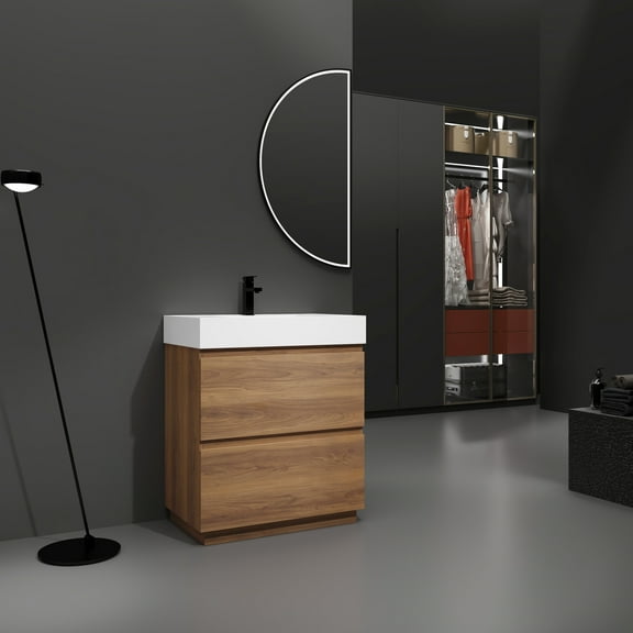 30" Bathroom Vanity With Single Sink - Freestanding Cabinet 2 Drawers Engineering Wood Brown Modern Design Multi-purpose Storage