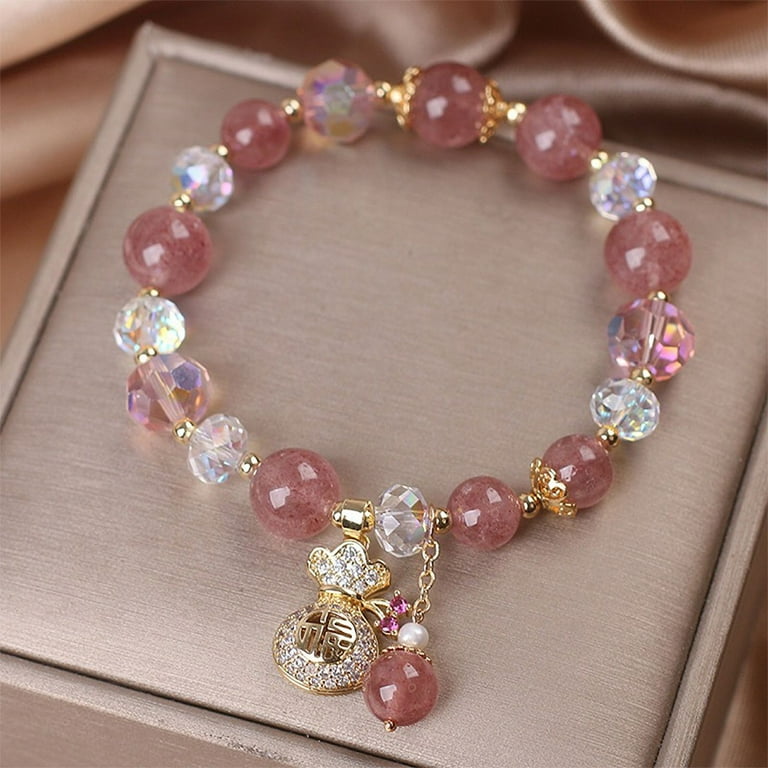 S925 Sterling Silver Strawberry Quartz Bracelet - Pink Natural Crystal, Dainty Broken Chain, Adjustable, Gift Box