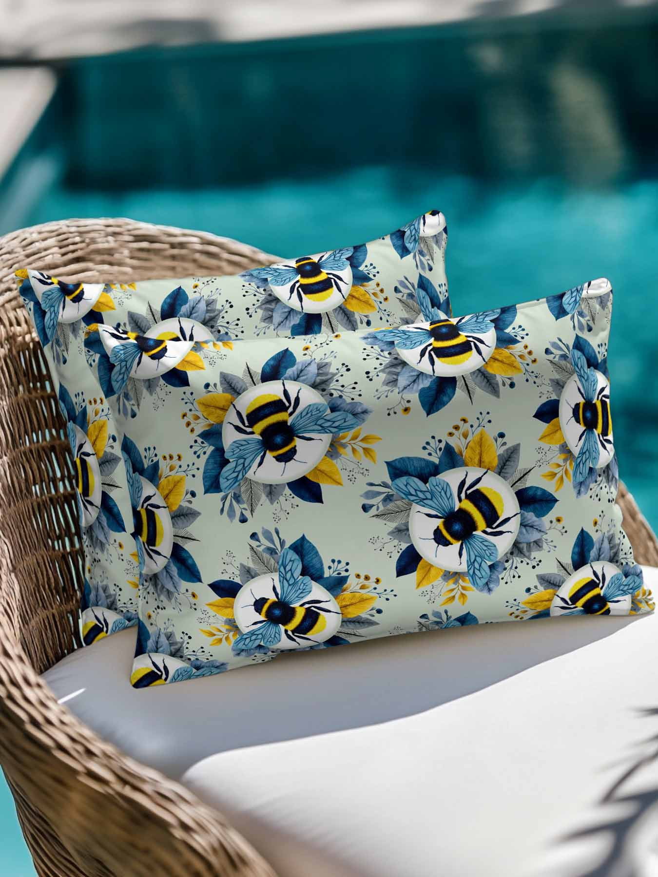 1 Pack Outdoor Throw Pillow, Teal Green Bees Farmhouse Waterproof Pillow with Insert Included, Spring Summer Botanical Flowers Decorative Accent Cushion Lumbar Pillows for Patio Porch, 12 x 20 In