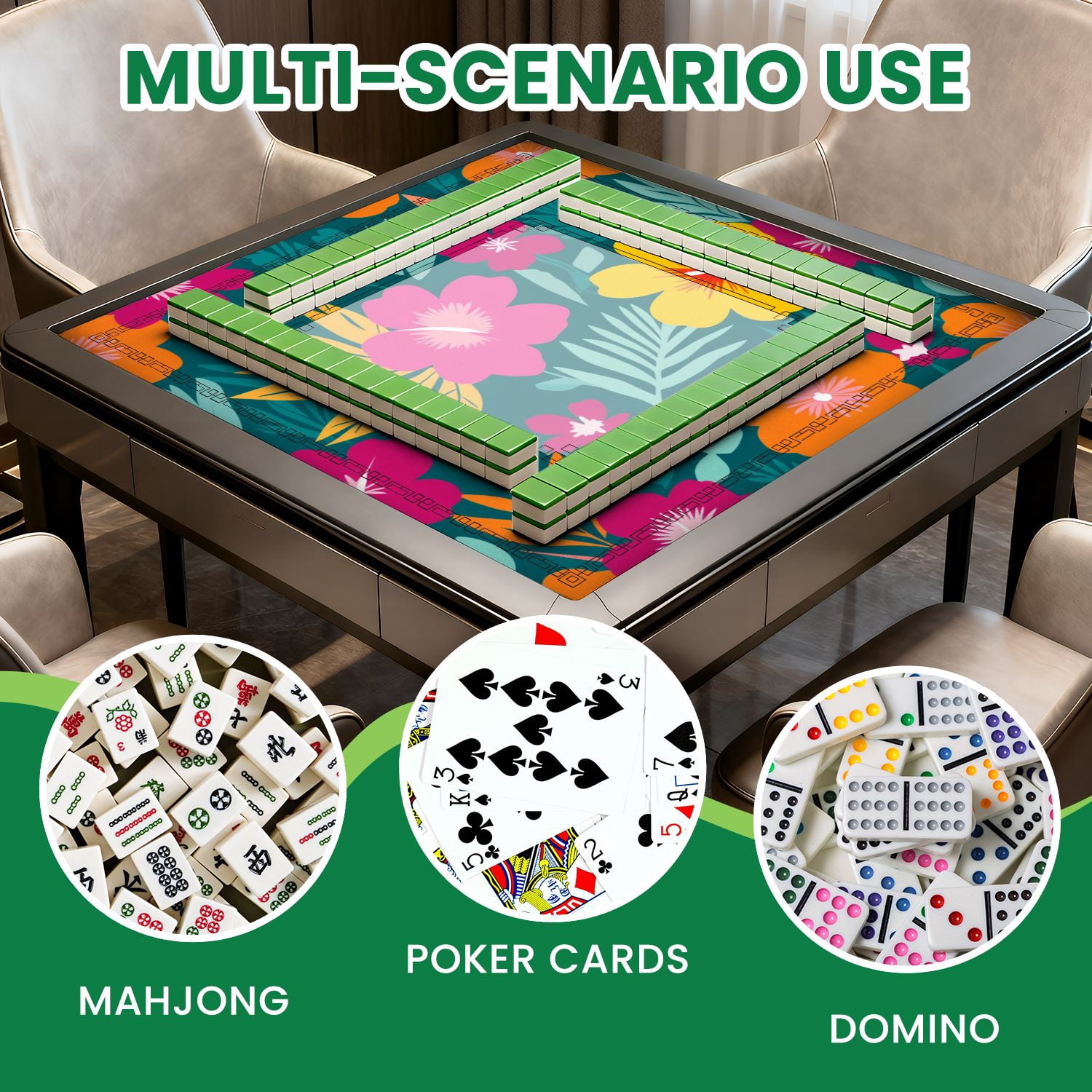 Mahjong Mat 31.5" x 31.5" Colorful hibiscus flower tropical leaf seamless design for summer Non-Slip Noise Reduction American Mahjong Tiles Table Cover for Dominoes Poker Card Board Games Gift