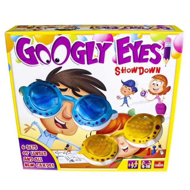 juego de dibujo goliath googly eyes showdown vision distorting caja frontal multicolor con gafas que distorsionan la visión y cartas; ilustración de jugadores usando lentes azules y amarillas mientras dibujan, juego por equipos y desafío de dibujo para 4-16 jugadores desde 7 años.