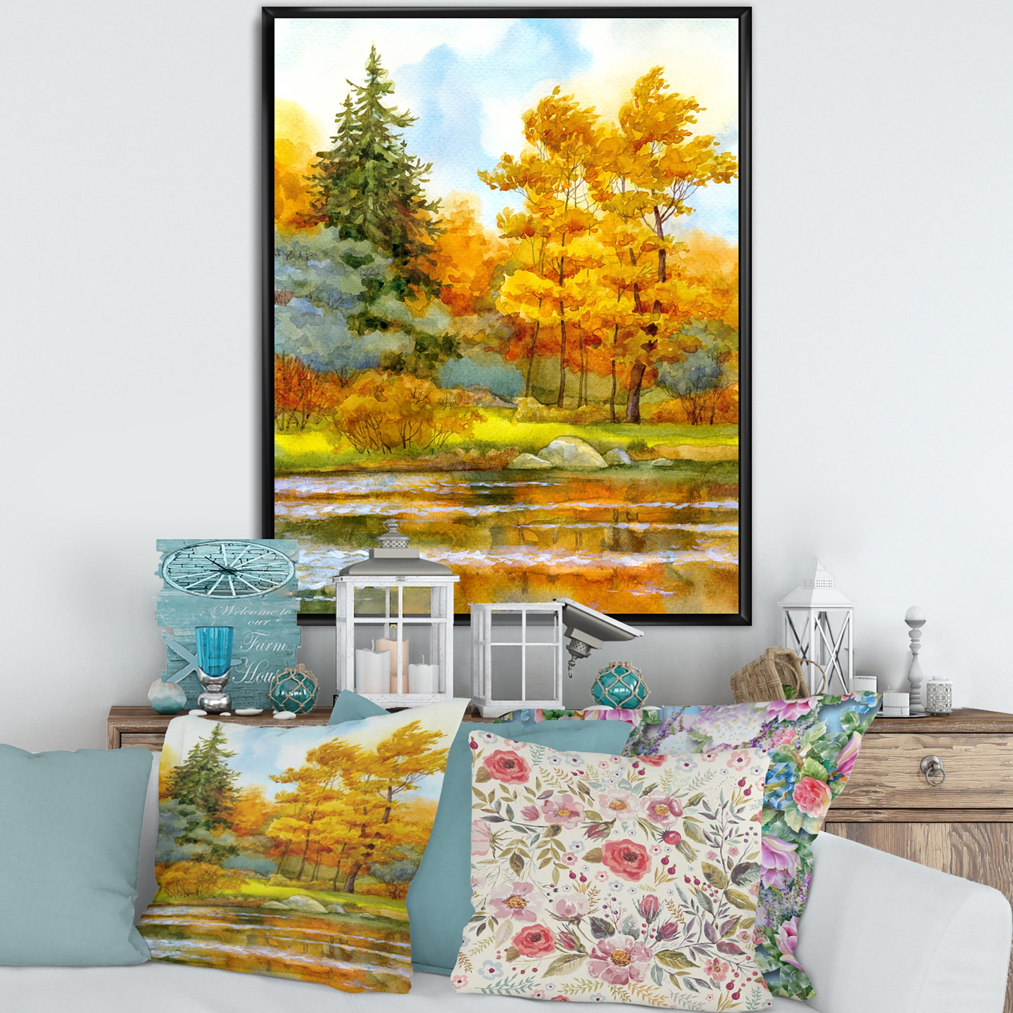Designart 'Autumn Forest By The Lake Side I' Lake House Framed Canvas Wall Art Print