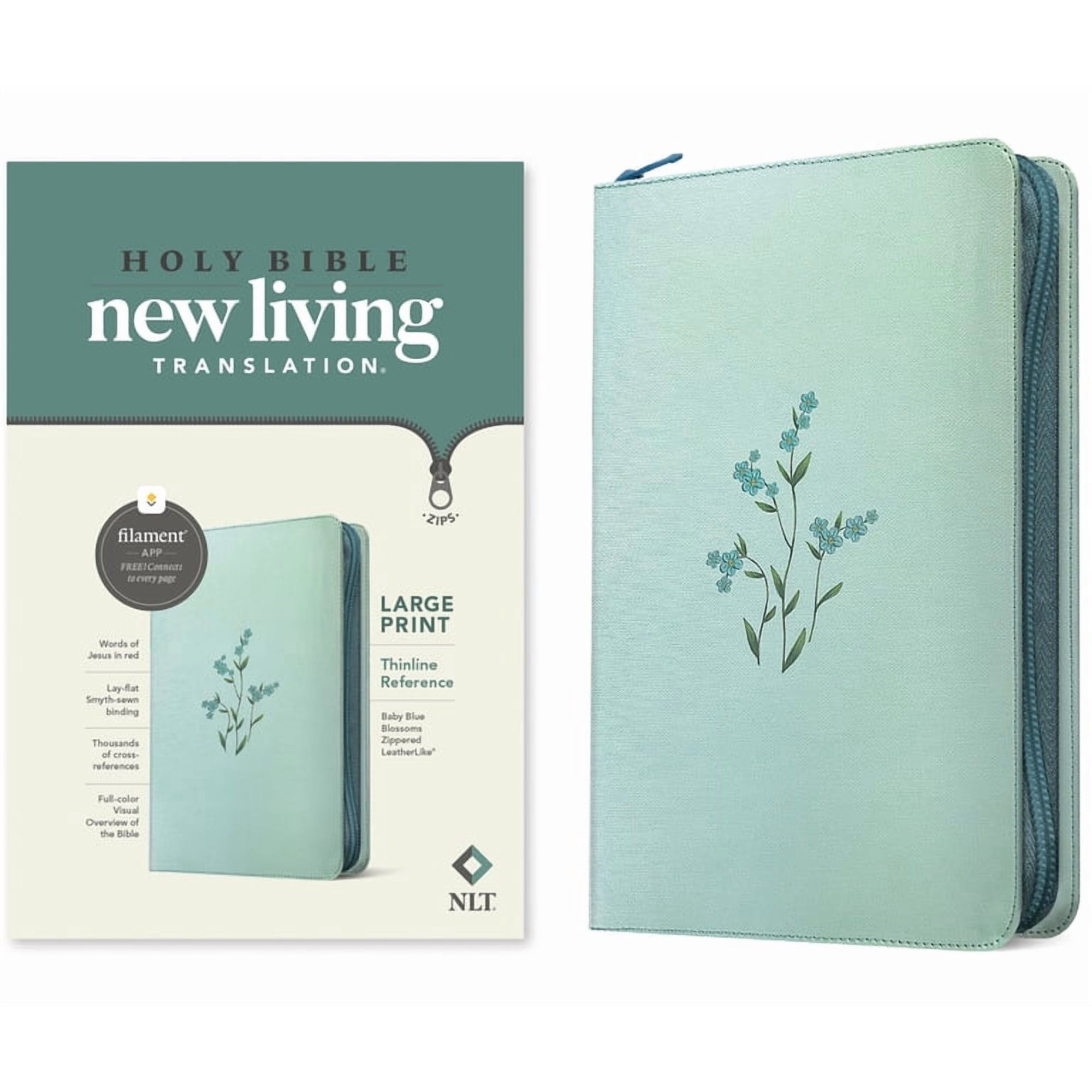 NLT Large Print Thinline Reference Zipper Bible, Filament Enabled (Leatherlike, Baby Blue Blossoms, Red Letter), (Hardcover)