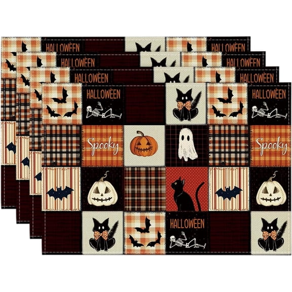 Ghost Jack-O'-Lantern Spooky Halloween Placemats Set of 4, 12x18 Inch Seasonal Table Mats for Party Kitchen Dining Decoration