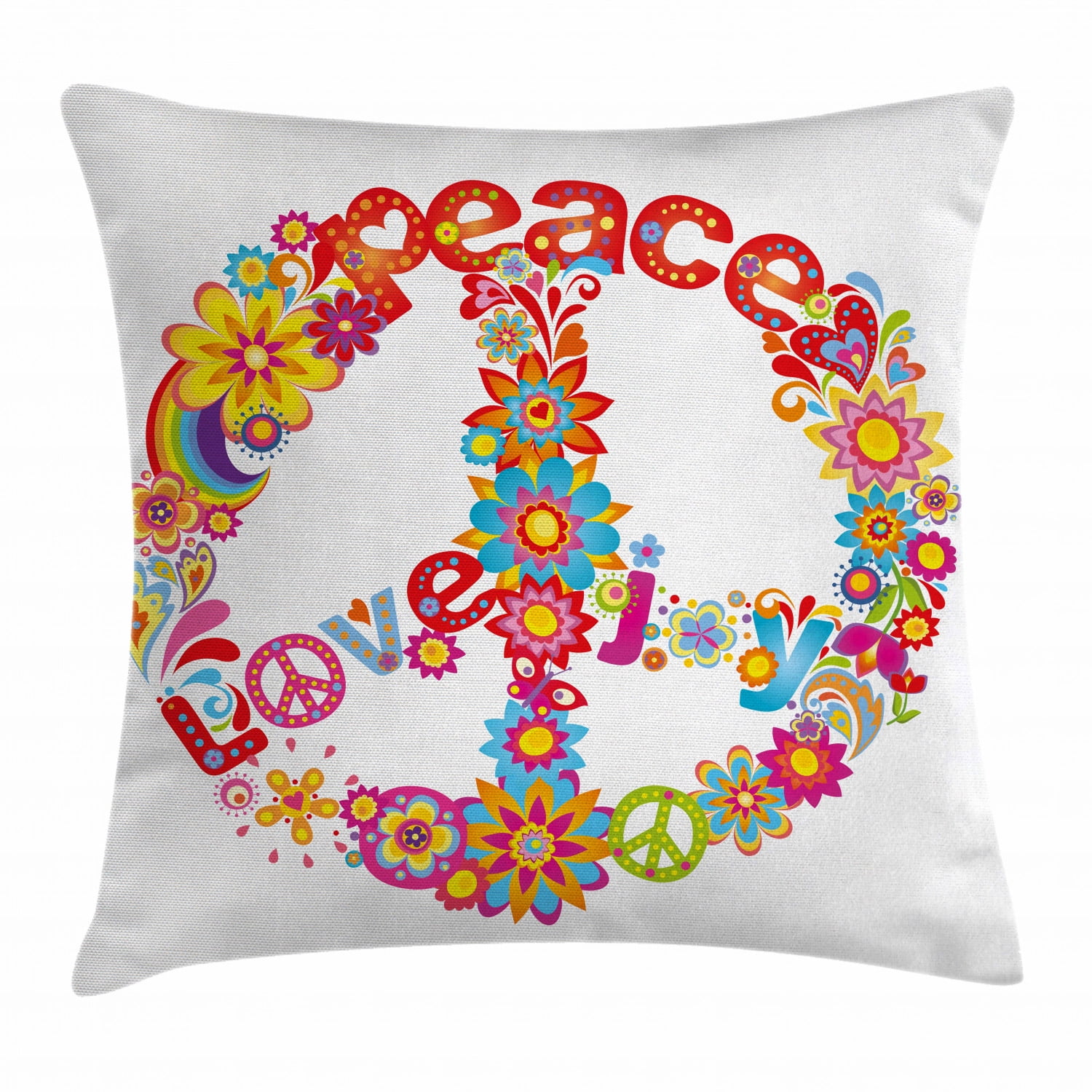 70s Party Decorations Throw Pillow Cushion Cover, Peace Sign Colorful