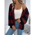 thumbnail image 4 of Women'S Autumn and Winter Contrast Striped Trumpet Sleeve Cardigan Sweater Mid-Length Coat Wine Red XL, 4 of 8
