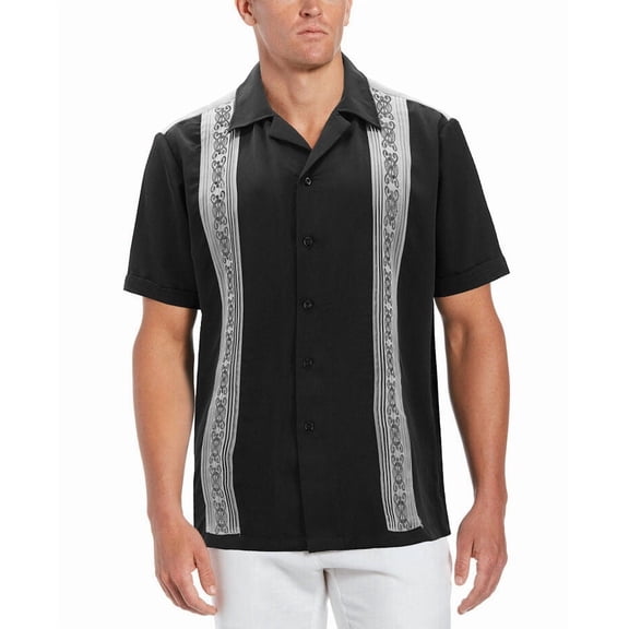 Men's Cuban Guayabera Beach Wedding Short Sleeve Button-Up Casual Dress Shirt (Black/Light Grey, 2XL)