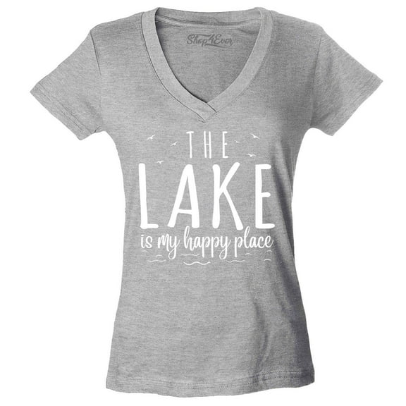 Shop4Ever Women's The Lake is My Happy Place Slim Fit V-Neck T-Shirt Medium Sports Grey