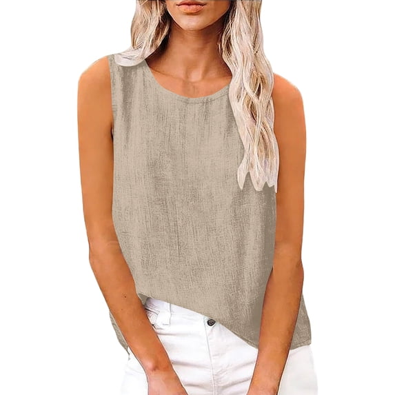 WULMLEO Cotton Linen Tank Tops for Women - Sleeveless Crewneck Summer Gauzy Shirts Loose Fit Casual Beach Vacation Camisole Beige M