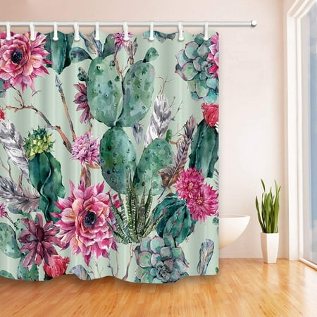 BPBOP Tropical Green Plants Cactus Flower Extra Long Polyester Fabric Bathroom Shower Curtain 66x72 (Best Plants For Bathroom With No Window)