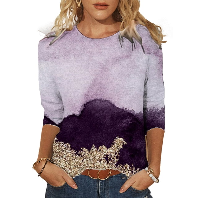 TIMIFIS Blouses d'Été/automne pour Femmes, Blouses Imprimées Décontractées à Manches Trois-Quarts Col Rond - Automne
