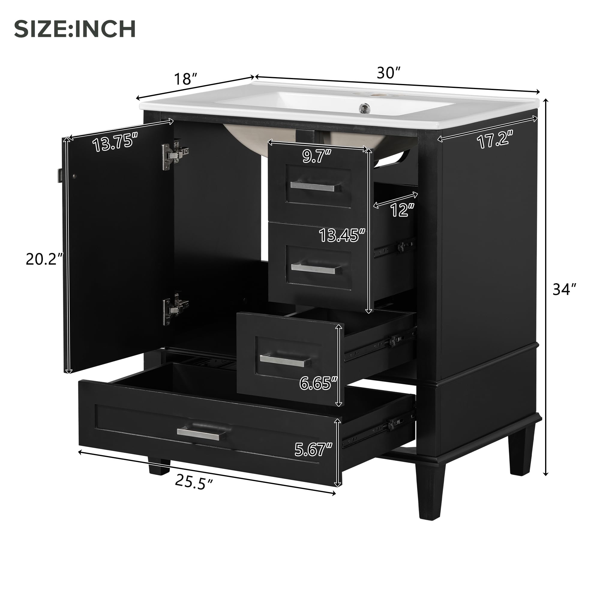 30" Bathroom Vanity with Sink, Bathroom Vanities 30 Inch with Top, Single Sink Bathroom Vanity with 3 Drawers and 1 Soft Closing Door, 30 Restroom Vanity with Cuntertop Sink (White)