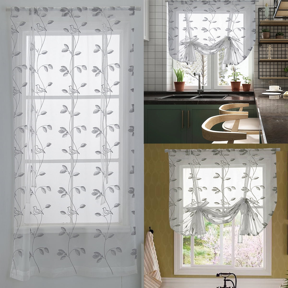 Butterfly Floral Roman Curtain Sheer Rod Pocket Tab Top Window Voile Drape 