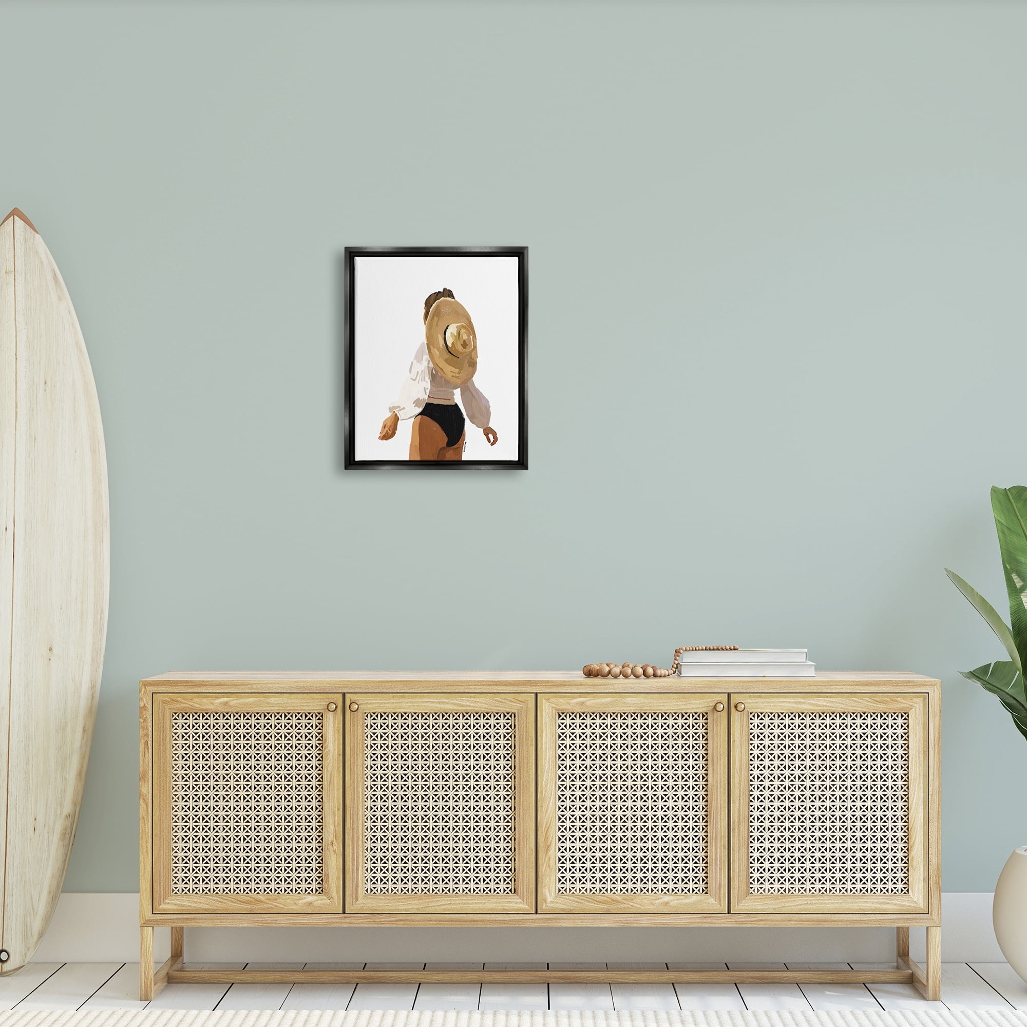 Stupell Industries Woman Draped Sun Hat Tropical Summer Vacation Graphic Art Jet Black Floating Framed Canvas Print Wall Art, Design by Amelia Noyes
