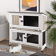 PETSCOSSET 36L Rabbit Hutch Indoor Wooden 2 Story Bunny Hutch Rabbit Cage Outdoor Bunny Cage on 4 Metal Wheels and 2 Deeper Pull Out Trays,Ramp,Guinea Pig Pet House for Small to Medium Animals,Grey