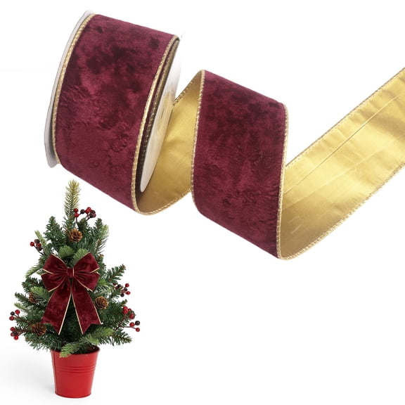 2.5 Inch Burgundy Velvet Ribbon, Gold Backing Double Sided Christmas Velvet Ribbon, Golden Edge Velvet Ribbon for Gift Wrapping, Christmas Tree Decoration Supplies, Wreaths & Crafts for Holiday Decor