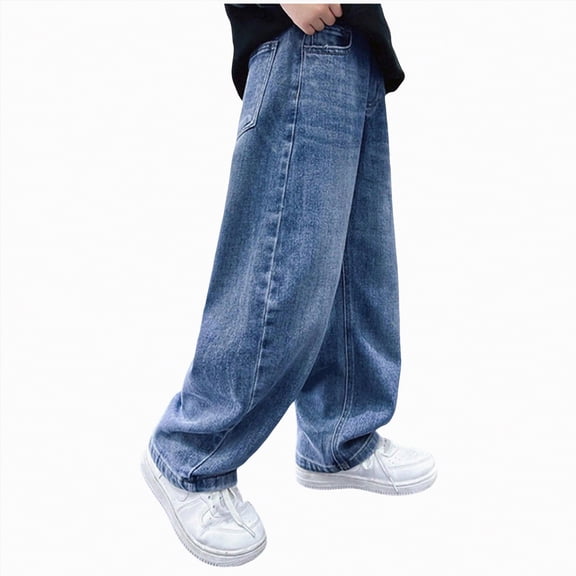 Ccpelsie Childrens Baggy Cargo Jeans Elastic High Waist Hip Hop Pants Vintage Wide Leg Ripped Jeans Loose Fit for Teens(Light Blue,7-8 Years)