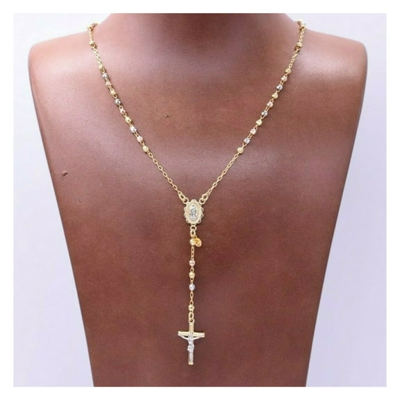 3mm Diamond-Cut Cross Rosary Crucifix Unisex Adult Necklace 10K Tri Color Gold, All Sizes - GOLDUM NYC