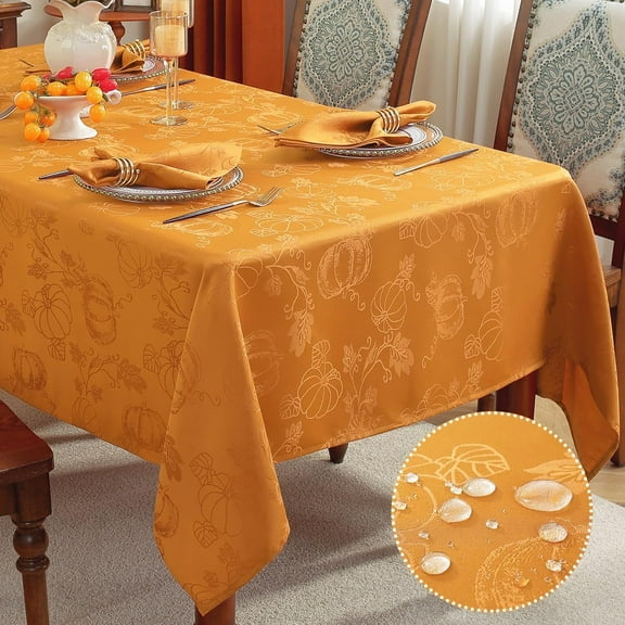 Fall Tablecloths Jacquard Thanksgiving Table Cloth with Pumpkins and Vines, Stain Resistant Table Cover for Harvest, Dining Amber