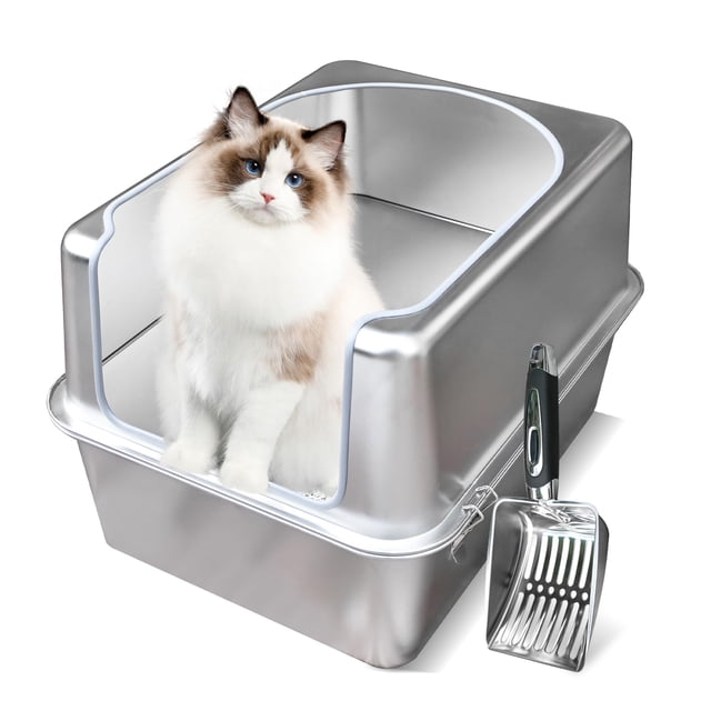 Caja de arena de acero inoxidable Aothey con tapa de metal y cuchara para gatos