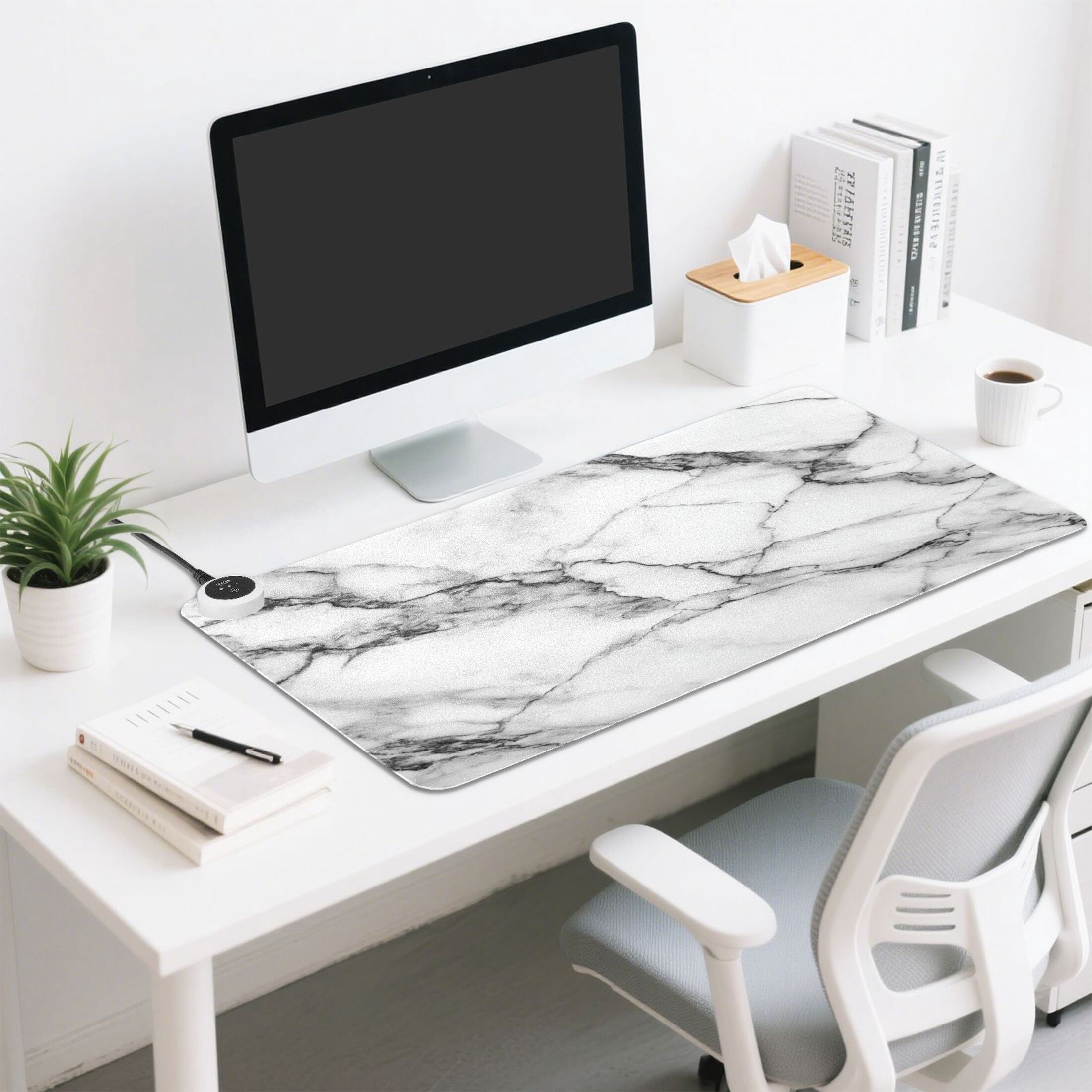 Large Heated Desk Mat Mouse Pad 31.5"x13"PU Leather Graphene Heating Desk Warmer with 3 Temperature Settings 110V US Plug Non-Slip Warm Pad for Home, Office, and Gaming Elegant Marble Texture Print