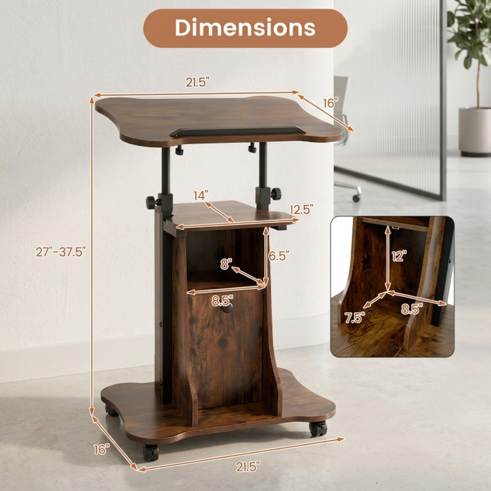 Furnibear Adjustable Mobile Standing Desk Cart with Tilting Top Storage Cabinet and Lockable Wheels for Home Office and School, Rustic Brown