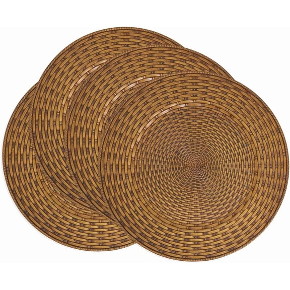 Fennco Styles Rustic Woven Look Faux Rattan Charger Plates 13" Round, Set of 4 – Brown Table Charger for Dining Table, Wedding, Holiday and Event Décor