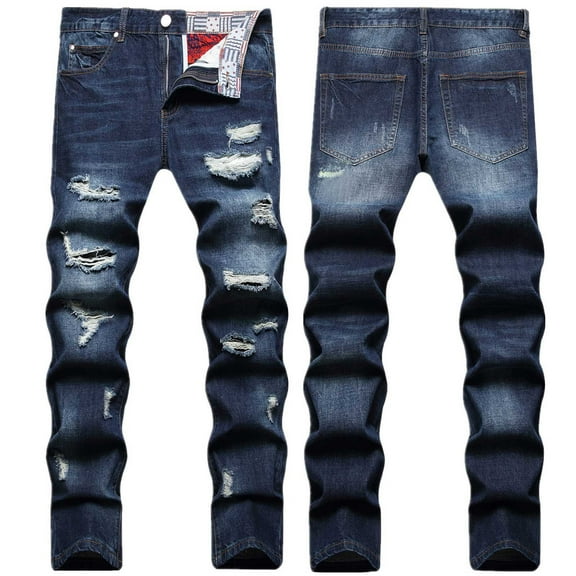 Holloyiver Men's Joggers Cargo Pants Fashion Trend Micro Elastic Slim Tie Elastic Small Straight Leg Ripped Denim Pants for Men For Dark Blue,2XL