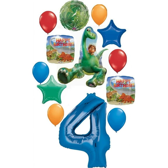 The Good Dinosaur Party Supplies 4th Birthday Arlo and Spot Balloon Bouquet Decorations - Blue Number 4