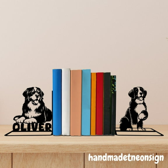 Handmadetneonsign Bernese Mountain Dog Metal Bookends, Dog Name Bookend, Table Bookshelf Decor 042730