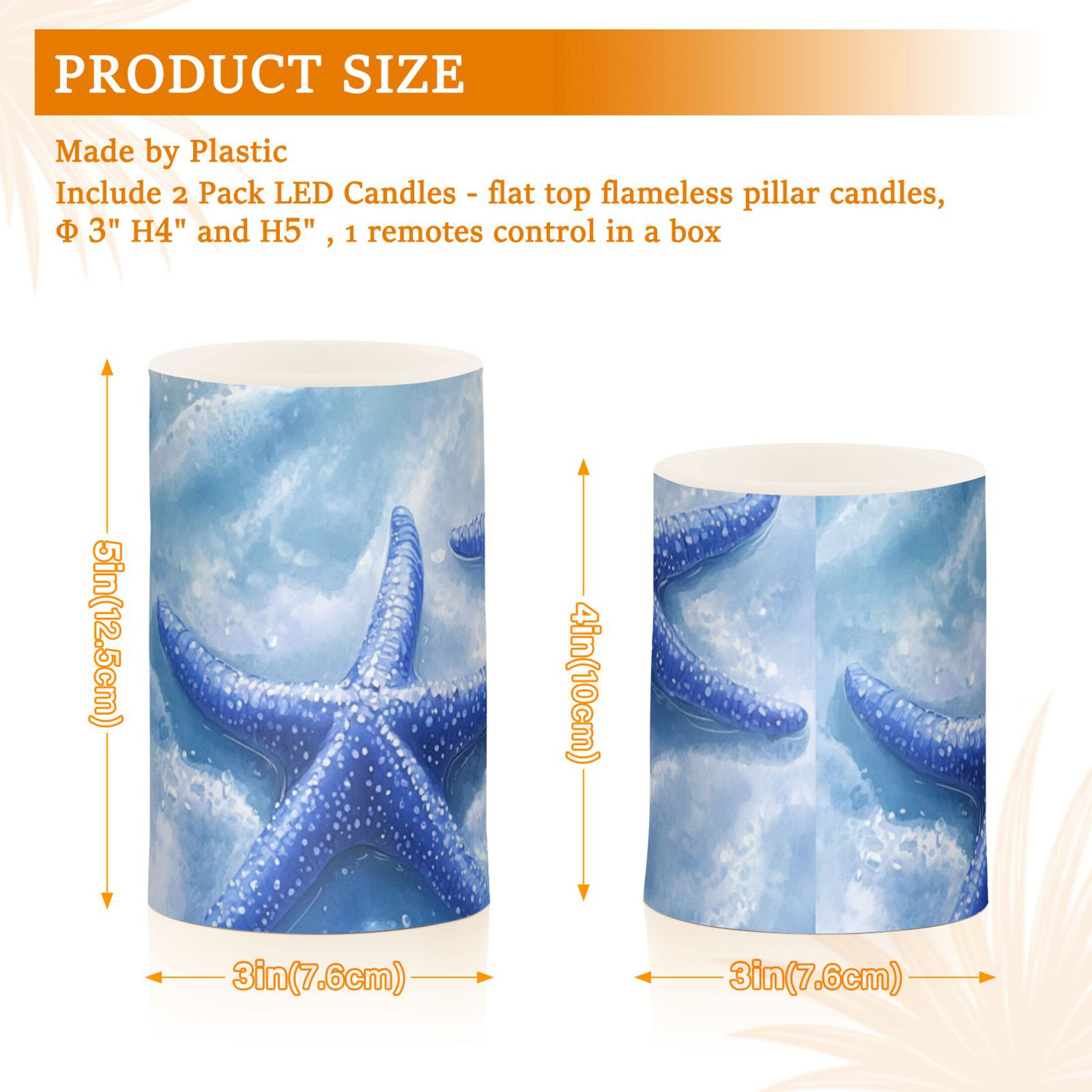 Blue Starfishes on Ocean Floor Flickering Flameless Candles LED Tealight Battery Operated with Remote Set of 2 Holiday Decor Ornaments