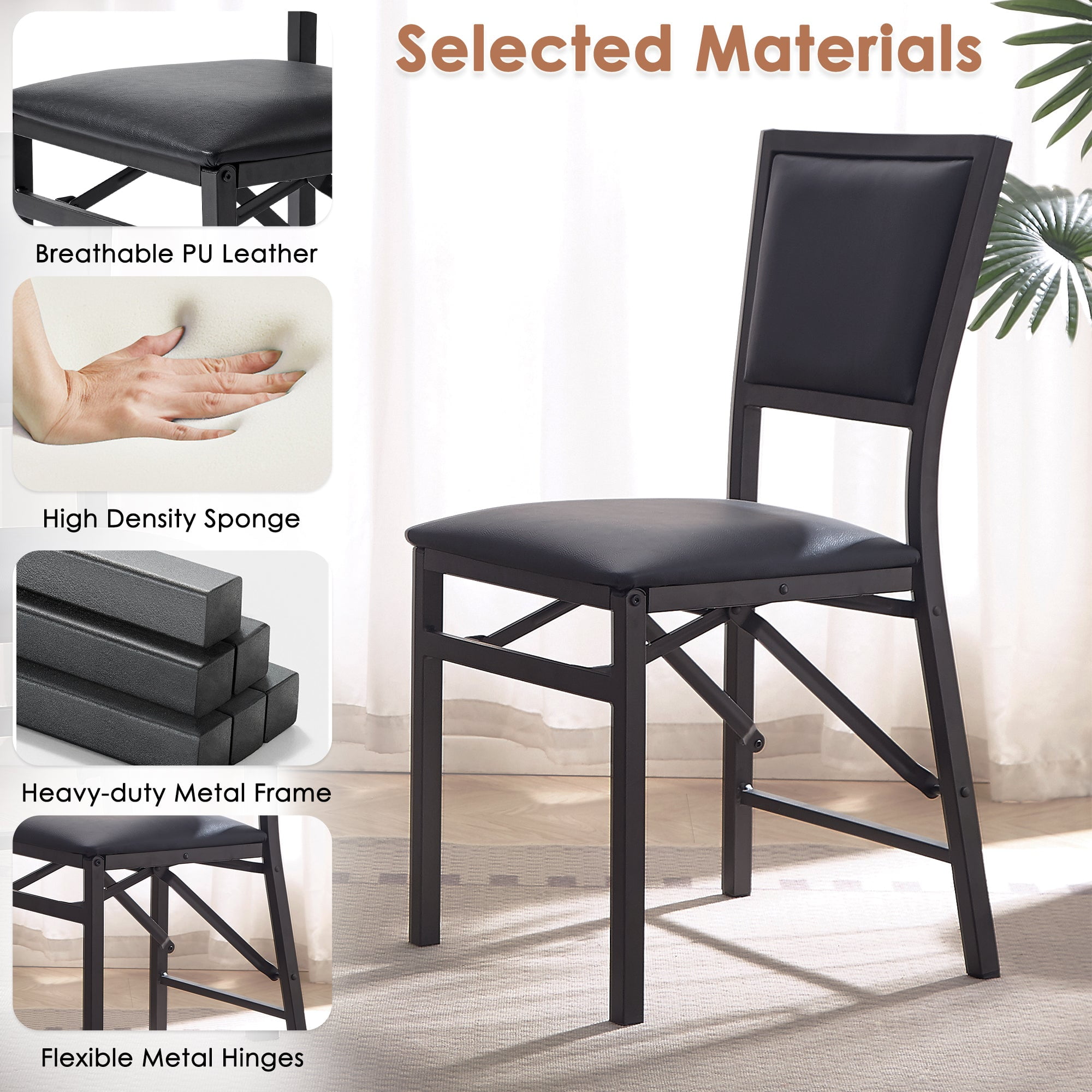 VECELO Set of 6 Metal Folding Chairs, High Back PU Upholstered Dining Chairs with Metal Frame, Modern Style Folding Chairs for Kitchen, Dining Room, Space Saving Design, Black