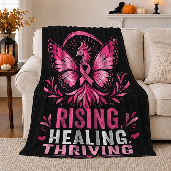 Rising Healing Thriving Phoenix Butterfly Breast Cancer Awareness, Dramatic Artistic Scene, Warm Flannel Blanket for Living Room and Bedroom, Art Lovers Valentine's Day Gift, Artistic Home Decor