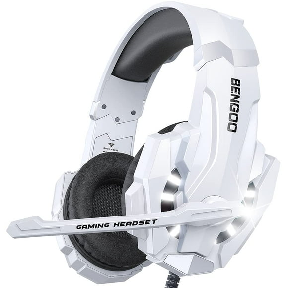 Bengoo Pro Gaming Auriculares Para Ps4 Ps5 Pc Xbox One Controlador Cancelación De Ruido Auriculares Over Ear Con Micrófono Luz Led Bajo Envolvente Orejeras De Memoria Suave Para Laptop Mac - Blanco
