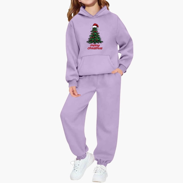Conjunto de sudadera con capucha de manga larga para niños con estampado invernal y pantalones deportivos con lazo en las piernas, deportivo informal con forro polar para mayor calidez, conjunto de do