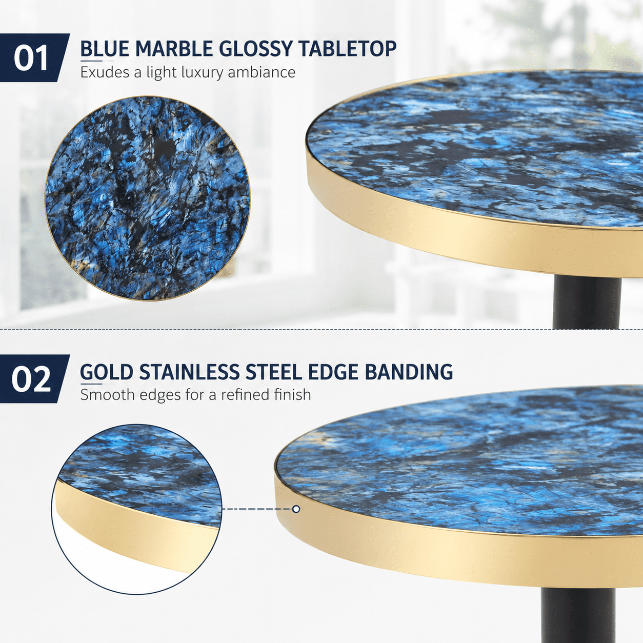 23.6" Round Light Luxury Coffee Table, UV Paint MDF Marble Texture Countertop with Stainless Steel Edging, Sturdy Metal Leg Side Table for Living Room Bedroom Entryway Office
