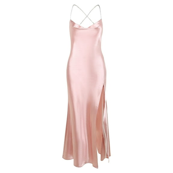 Women Satin Dress Sleeveless Spaghetti Strap Cowl Neck Summer Ruched Bodycon High Slit Formal Dresses
