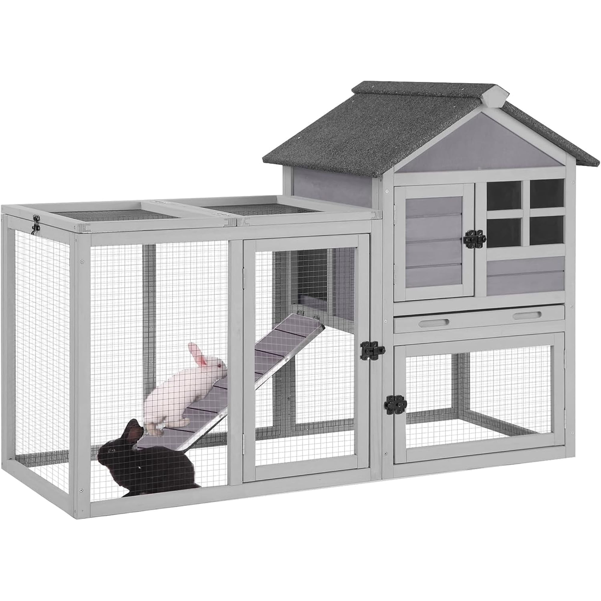 Aivituvin Indoor Wooden Bunny Cage with Run 51.6" L, Outdoor Rabbit Hutch with Pull-Out Tray, Easy-Clean Rabbit House for 1-2 Bunnies, Ideal for Kids, Also Used as Small Chicken Coop (Grey)