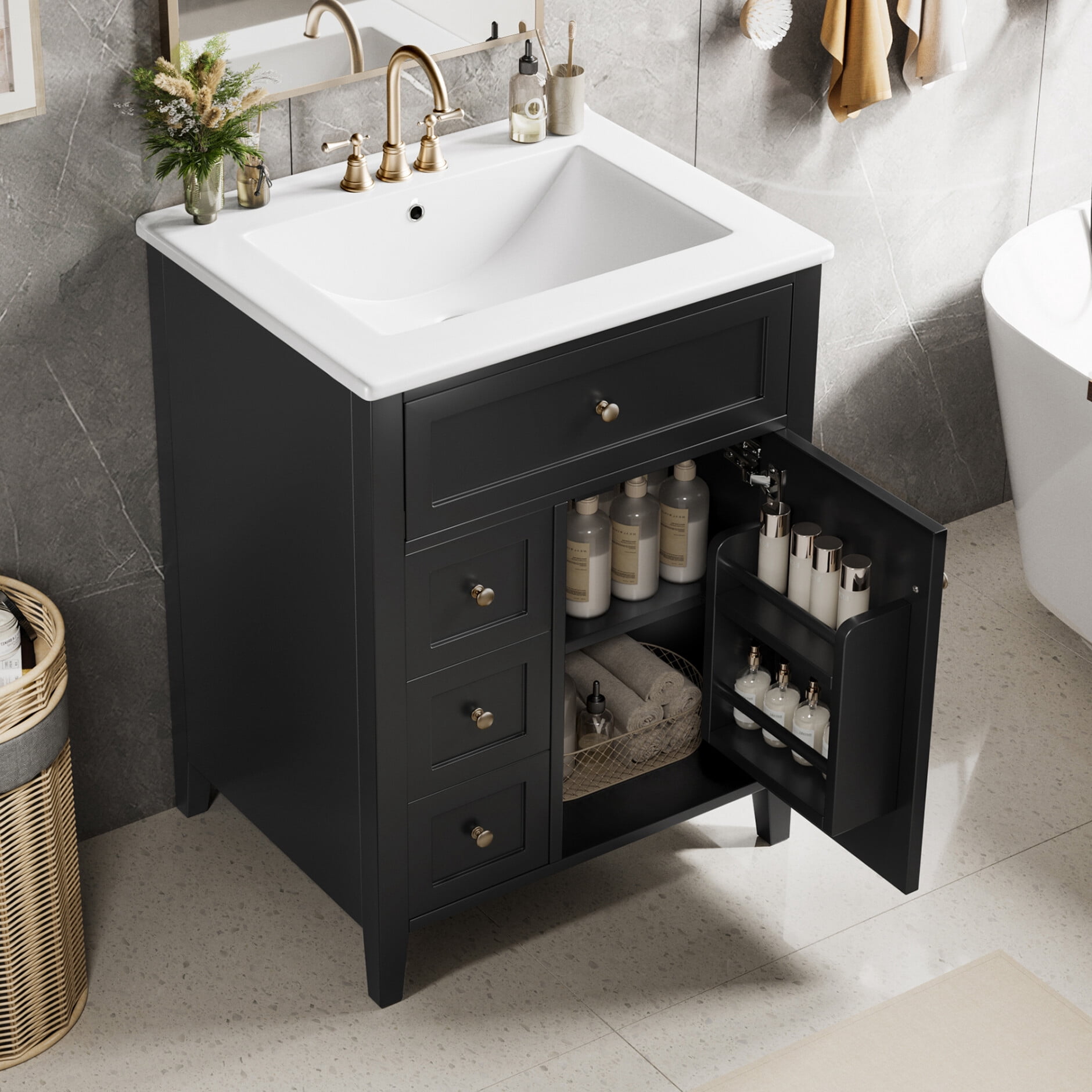 24'' Modern Vanity with Leak-proof Ceramic Sink, Solid Wood Frame Vanity with Soft-close Drawers, for Bathrooms, Black